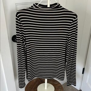 NWT Tahari Black and White Striped Mock Neck Long Sleeve Top